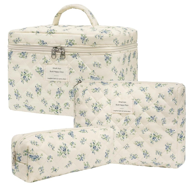 honitty Makeup Bag,Quilted Cosmetic Bags,Large Floral Make Up Organize bag,Makeup Bag Set for Women,Flower Travel Toiletry Bag - Image 1